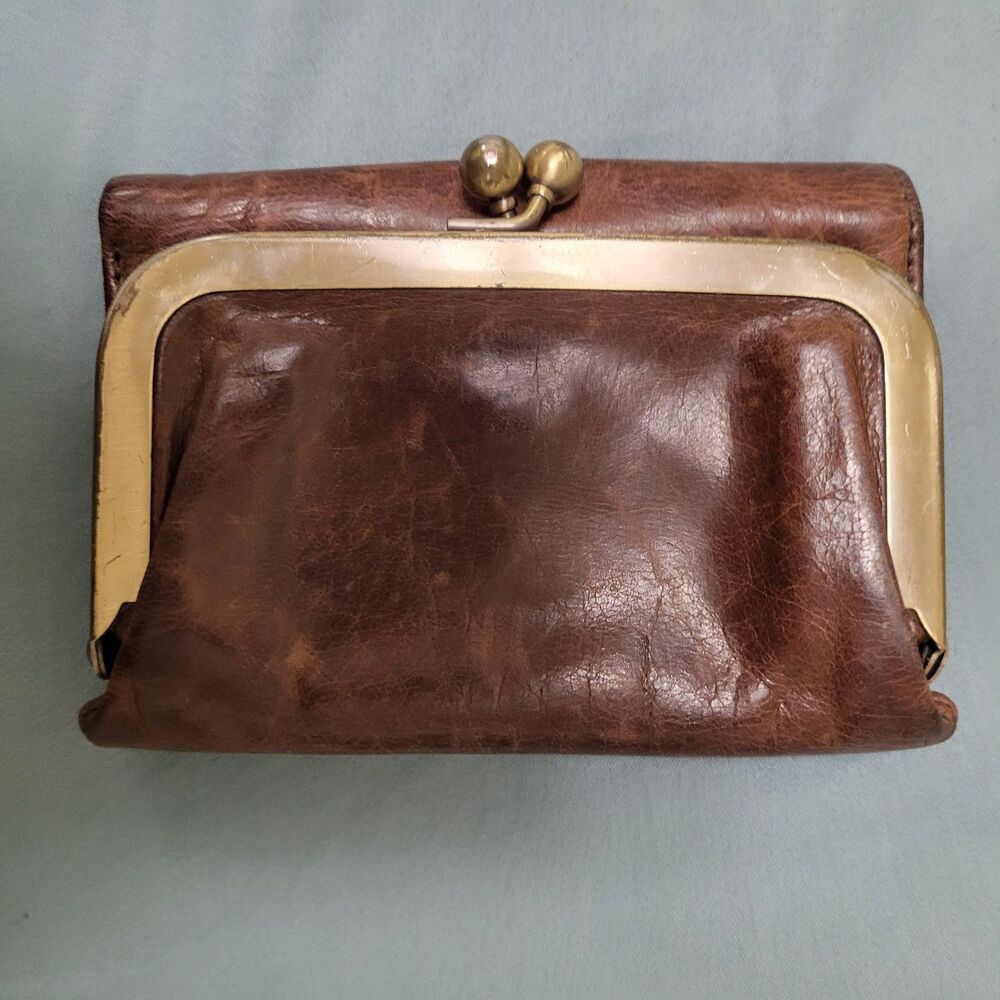 HOBO International ROBIN Compact Trifold Wallet Brown Leather Kisslock